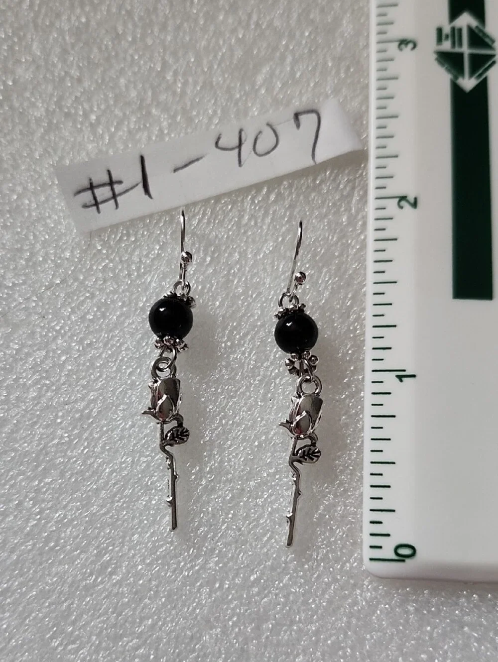 Hand Crafted Black Bead Silver Dangle Earrings